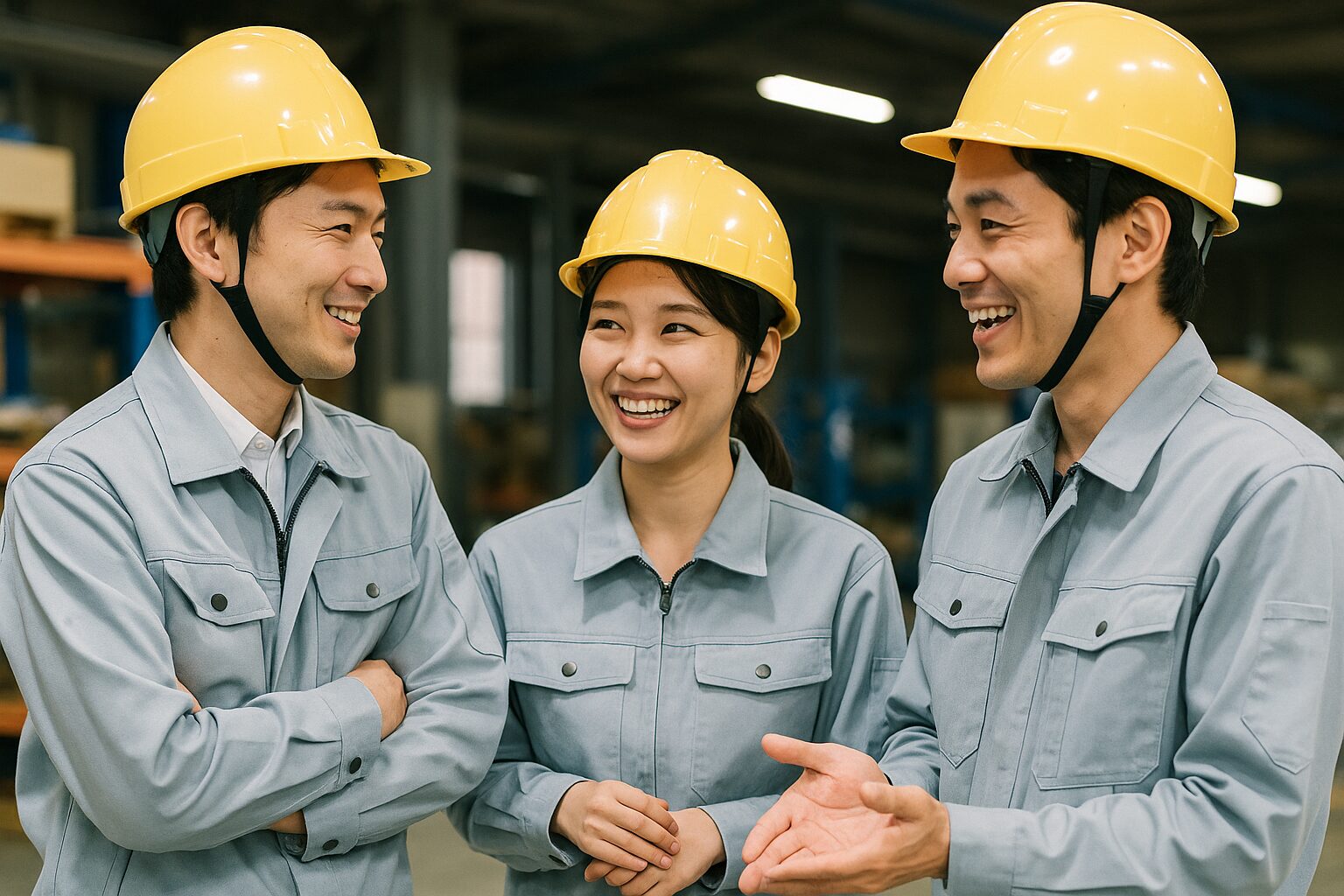 職場で笑顔で会話する日本人の男女作業員3人。報連相を通じて、前向きにコミュニケーションを取っている様子。