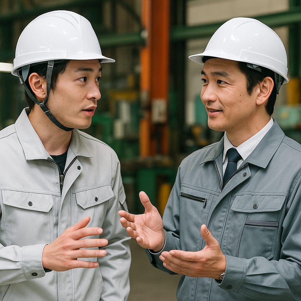 工場内で会話する日本人の若手作業員と先輩作業員。報連相を通じてコミュニケーションを取っている様子。
