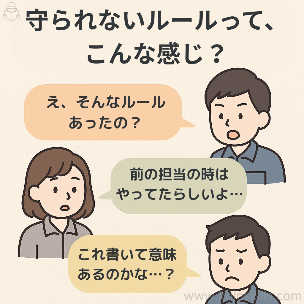 守られないルールに対する現場の声をイラストで表現。「そんなルールあったの?」「意味あるの?」などの吹き出しで共感を誘う。