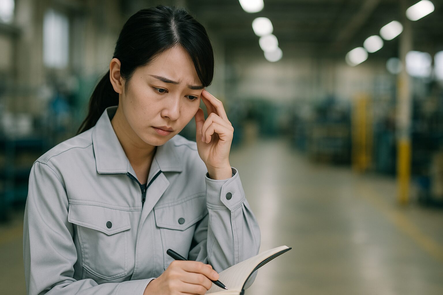 工場内でノートを取りながら考え込む若手女性社員。不安や迷いを感じている様子。