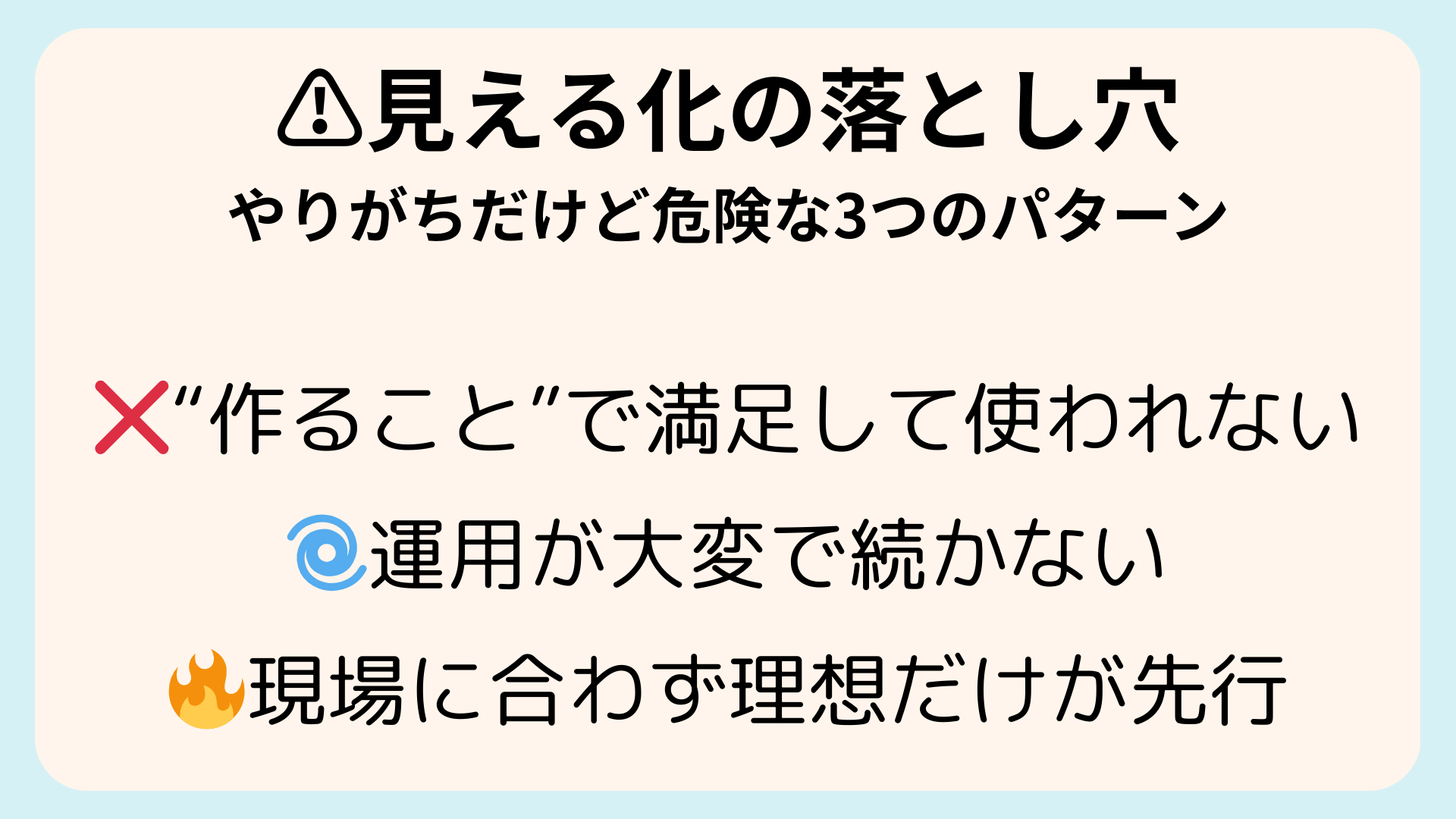 見える化の落とし穴として、「作ることが目的になり使われない」「運用が大変で続かない」「現場に合わず理想だけが先行」の3つの例を示した図解