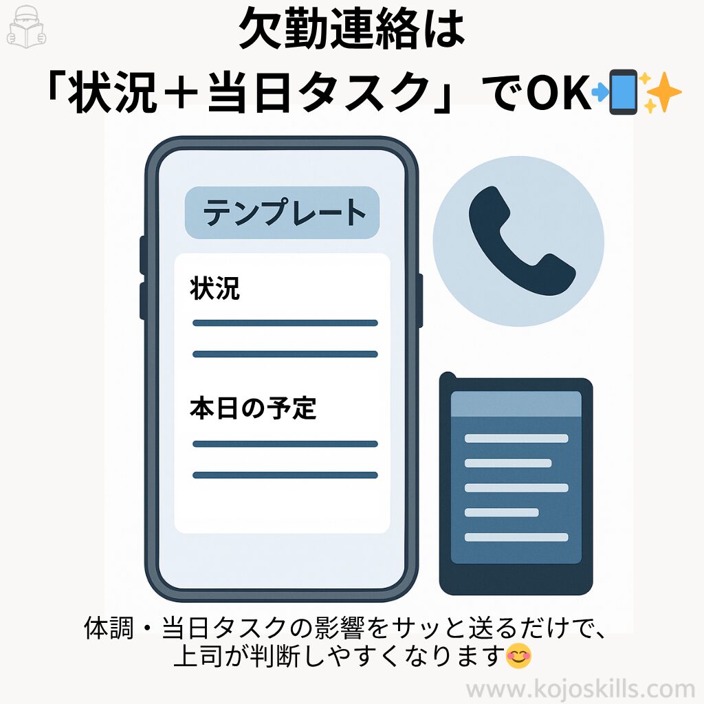 スマホ画面に欠勤連絡テンプレを示し、状況と当日タスクを入力するイラスト