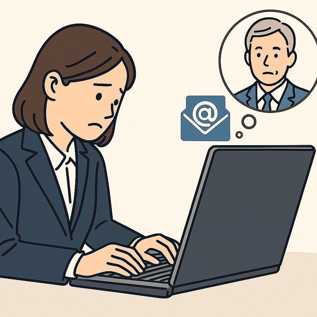 ノートパソコンに向かい、真剣な表情でメールを打つ女性の横顔イラスト。謝罪文を入力している場面