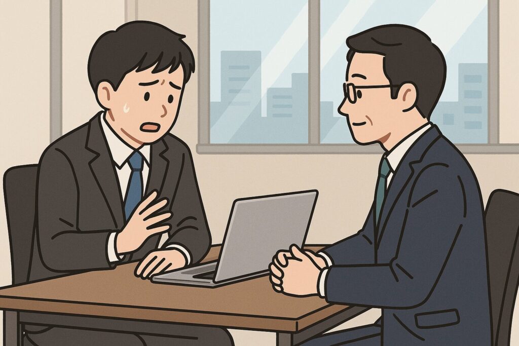 上司と部下がデスク越しに向かい合い、部下が少しうつむき加減で話している