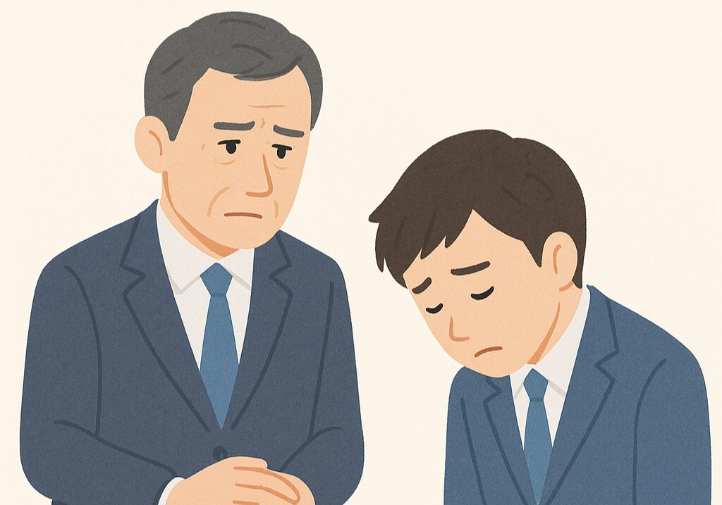 困った表情で部下を見つめる上司と、下を向いて反省している様子の後輩のイラスト