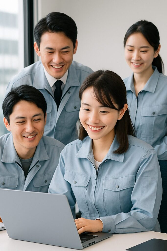 ノートPCを見ながら笑顔で協力する若手女性と同僚たち