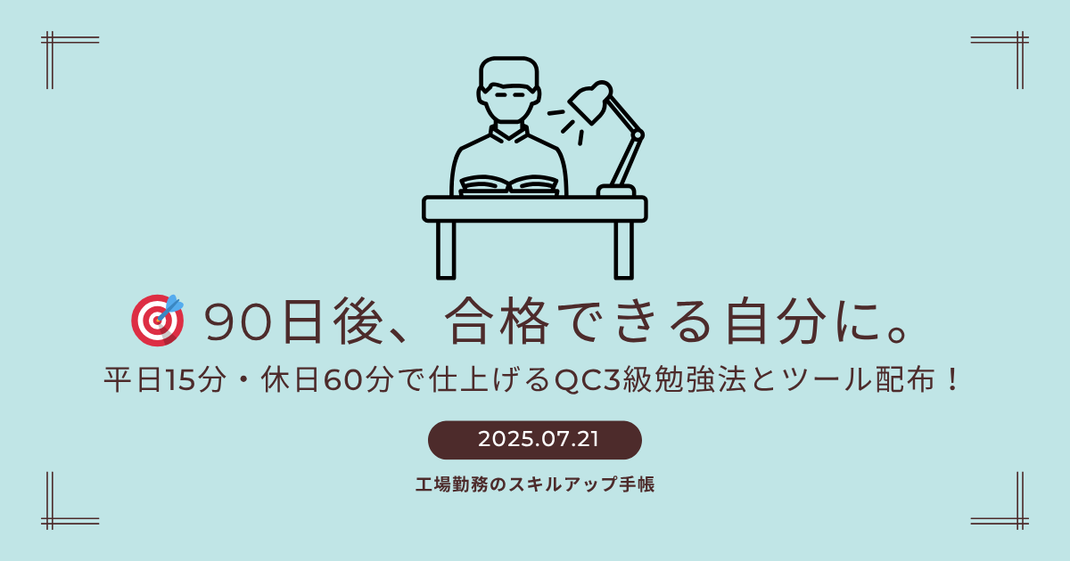 90日後、合格できる自分に。QC検定3級の勉強法とツールを紹介する記事のアイキャッチ。平日15分・休日60分の学習プランを強調。