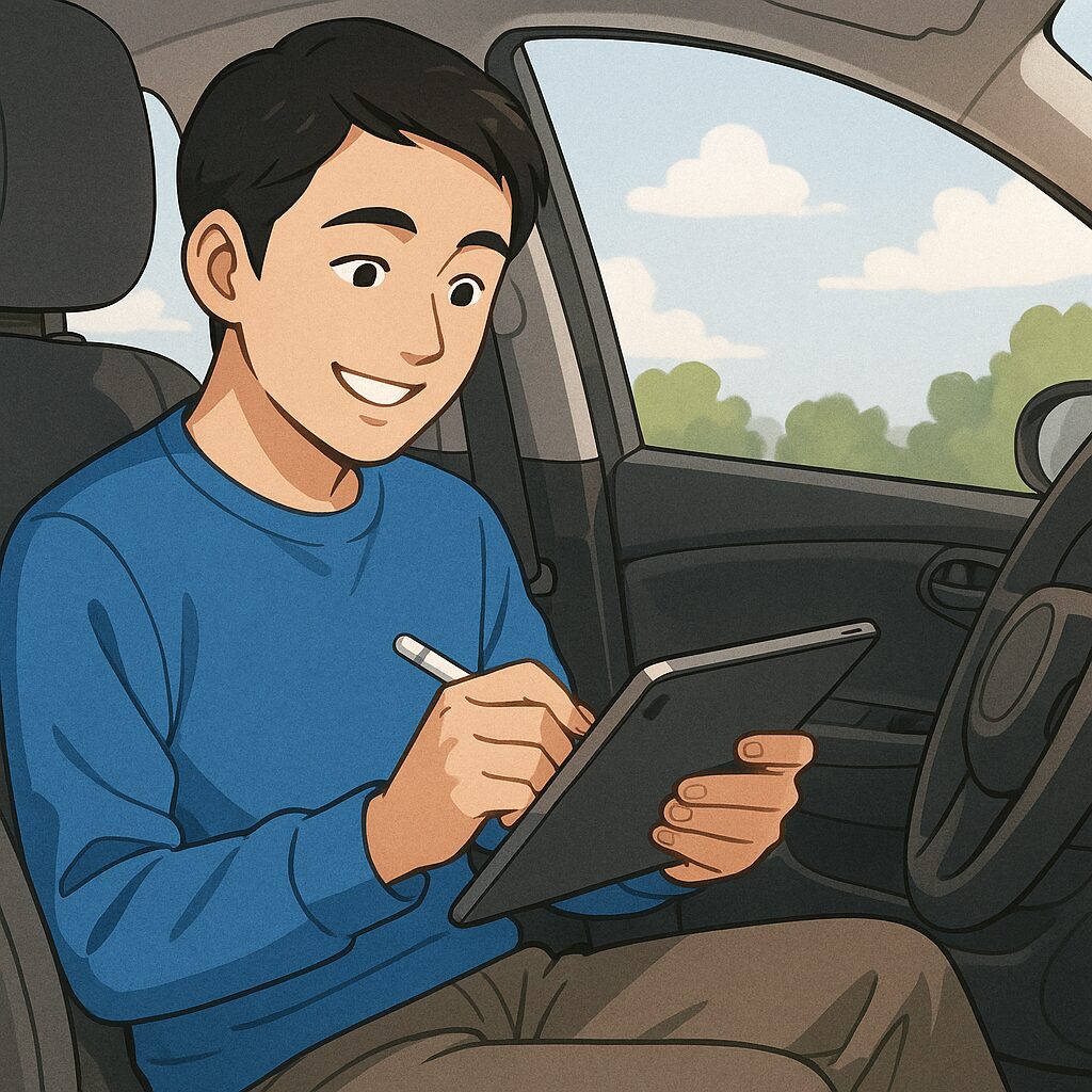 駐車場に停車中の車内で、iPadを使って勉強しているイラスト。タブレットは膝の上に置かれている。