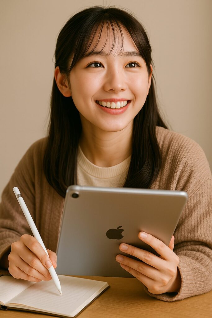 iPadとApple Pencilを手にした女性がノートにメモを取りながら学習している様子。