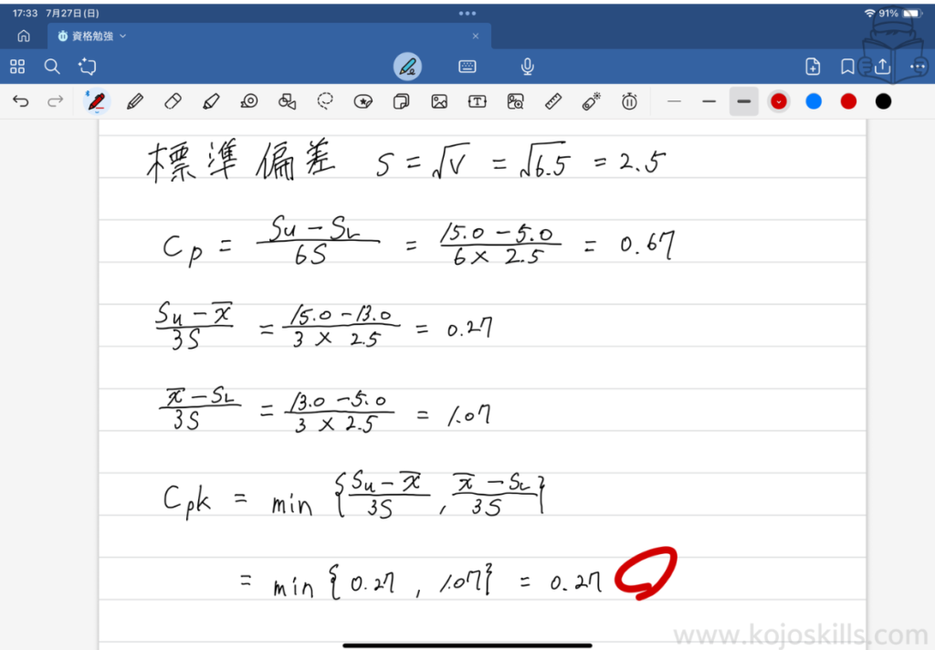 QC検定3級の計算式を手書きで整理したGoodNotesのノート画面。
