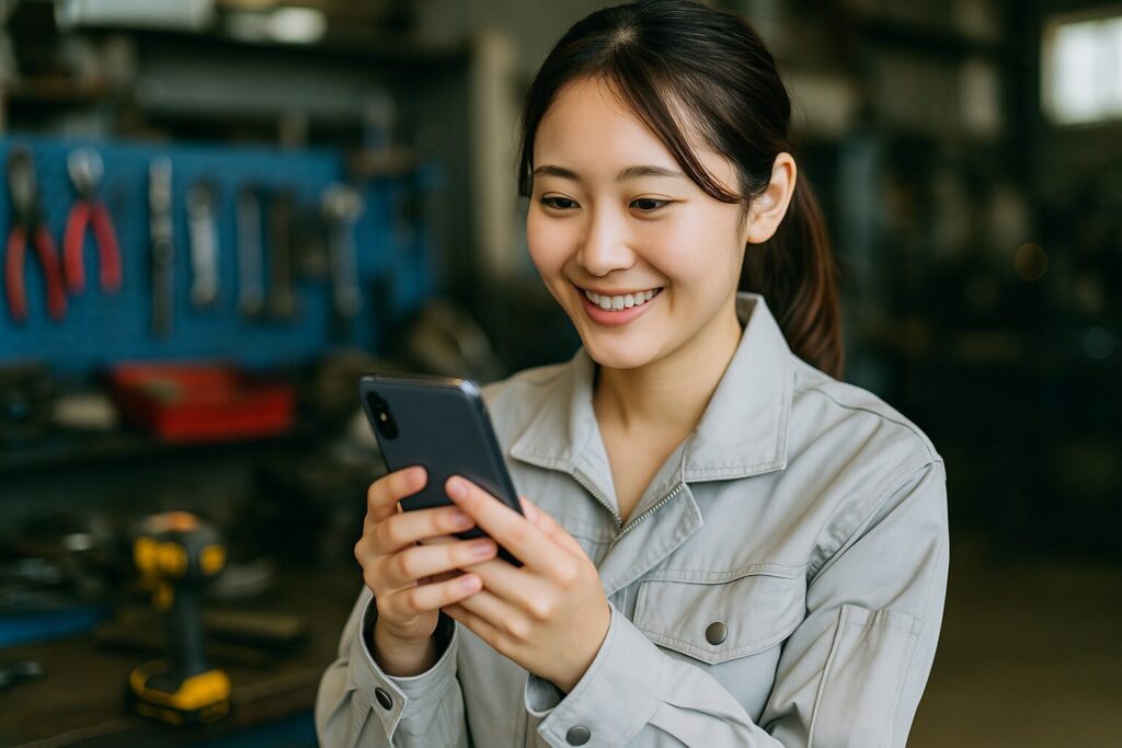 作業着を着た若い女性が工場の作業場でスマートフォンを操作し、笑顔でメモを取っている様子。現場でのスマホ活用例。