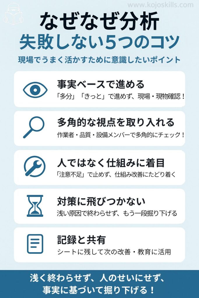 なぜなぜ分析 失敗しない5つのコツ:①事実ベースで進める(現場・現物を確認)②多角的な視点を取り入れる(作業・品質・設備の視点で検証)③人ではなく仕組みに着目(注意不足で止めず仕組み改善へ)④対策に飛びつかない(浅い原因で終わらせず掘り下げる)⑤記録と共有(シートに残して改善・教育に活用)。まとめ:浅く終わらせず、人のせいにせず、事実に基づいて掘り下げる。