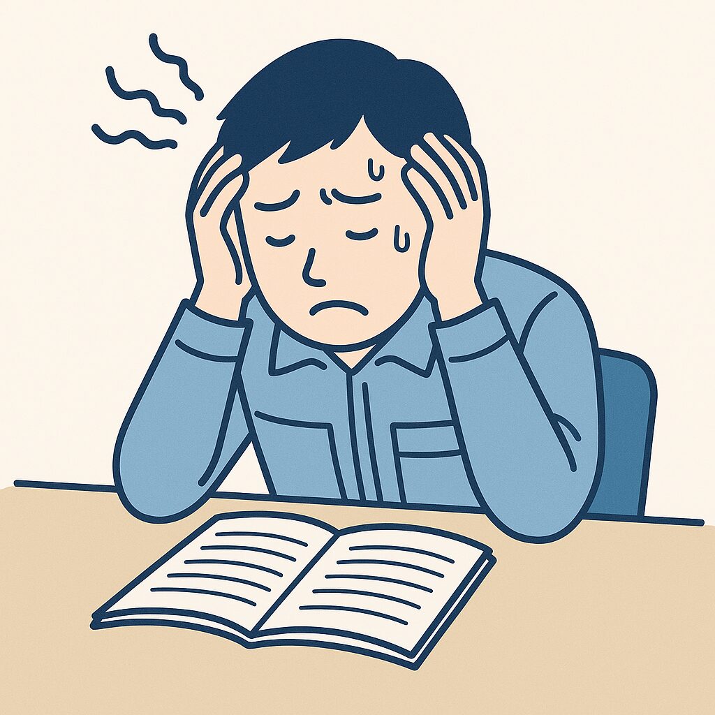 机に向かって頭を抱える工場勤務の人のイラスト。なぜなぜ分析をしても原因が見つからず悩んでいる現場の様子を表現。