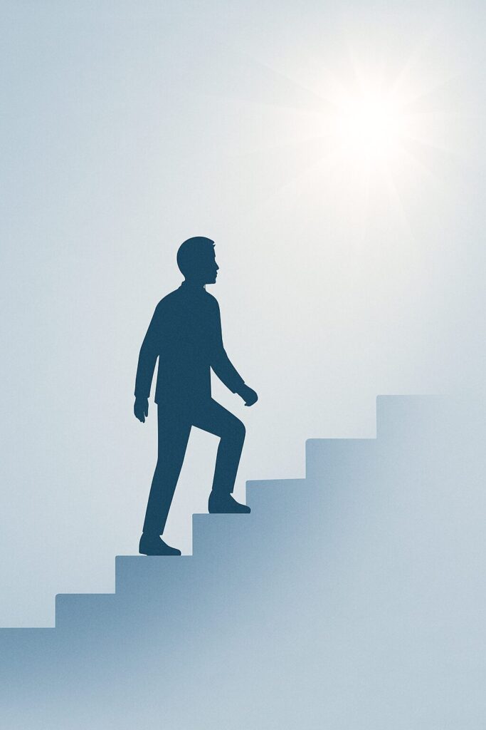 光に向かって階段を登る人物のシルエット。改善や成長を象徴する静かなイラスト。