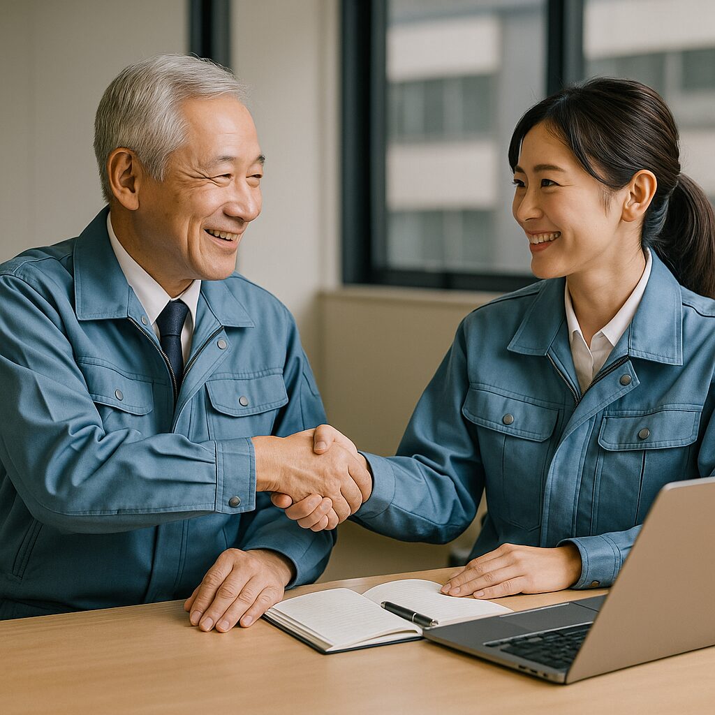 作業着を着た上司と部下が笑顔で握手している。職場での信頼関係と良好なコミュニケーションを表す写真。