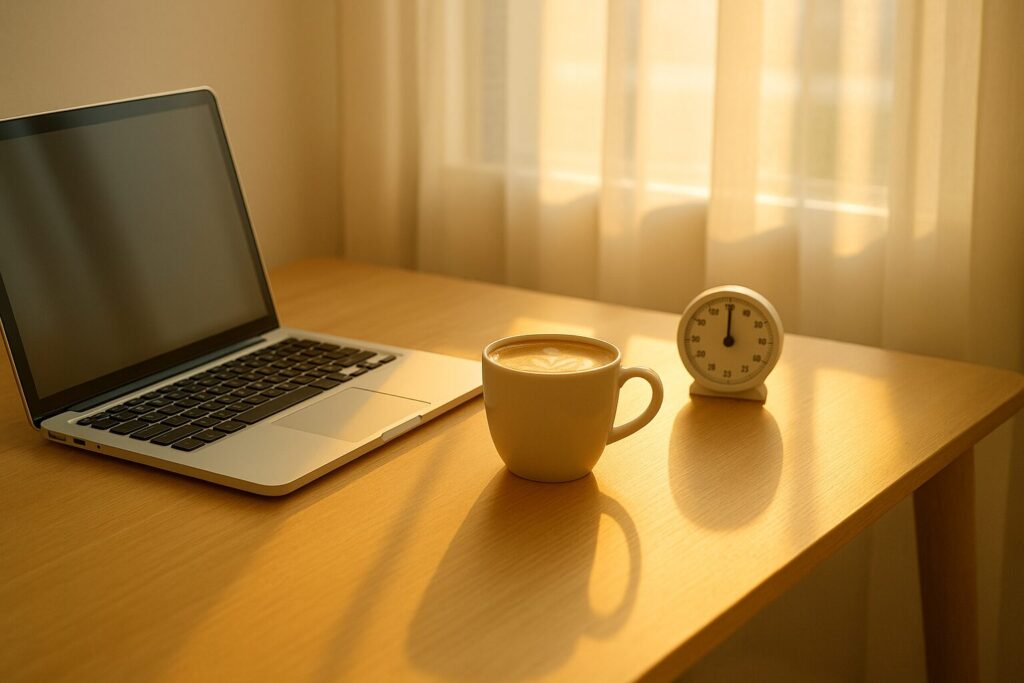 朝日の差し込むデスクにノートパソコン、カフェラテ、タイマーが置かれている。静かで集中しやすい作業環境を表す写真。