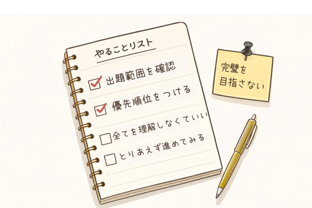 QC検定3級の勉強で、完璧を目指さず優先順位をつけて進める考え方を表したやることリストのイラスト