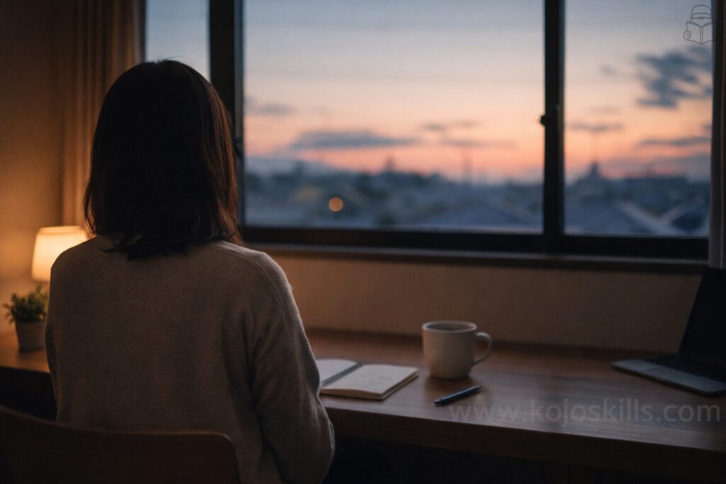 夕方の部屋で窓の外を眺めながら、机に向かって考え事をしている後ろ姿