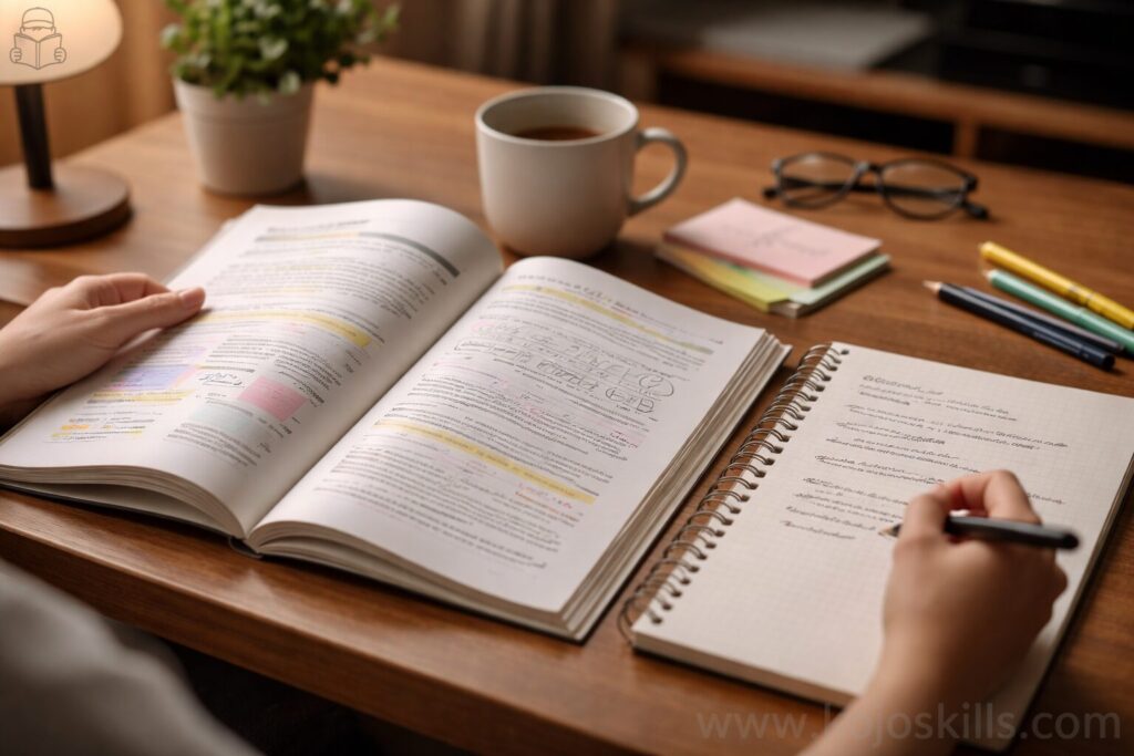 QC検定3級のテキストを机の上で開き、内容を確認しながらノートに書き留めている様子