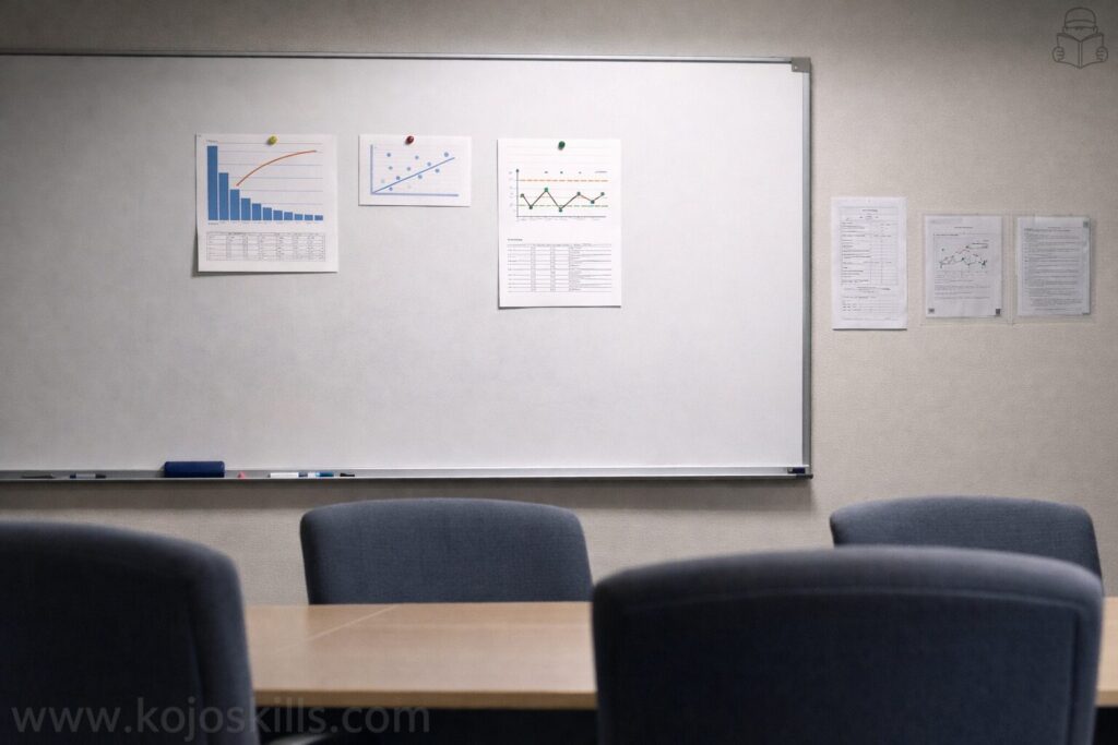 会議室のホワイトボードに貼られたパレート図や管理図の資料。作られたまま活用されず、QC七つ道具が途中で止まってしまう現場の状況を表している。