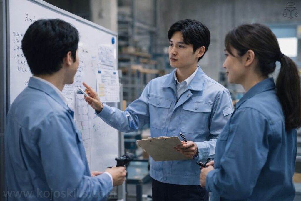 工場内で作業着を着た社員が、ホワイトボードを使って仕事の内容を共有・相談している場面