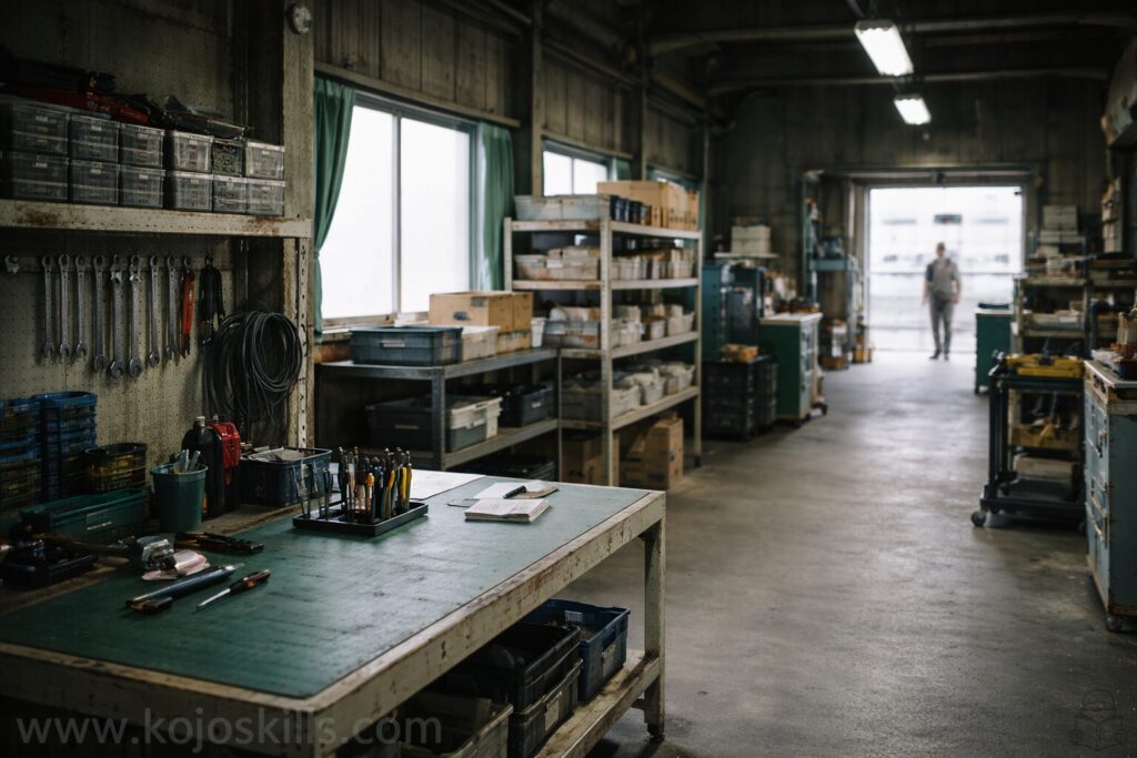 朝の光が差し込む整理された工場の作業スペース。静かで落ち着いた雰囲気。