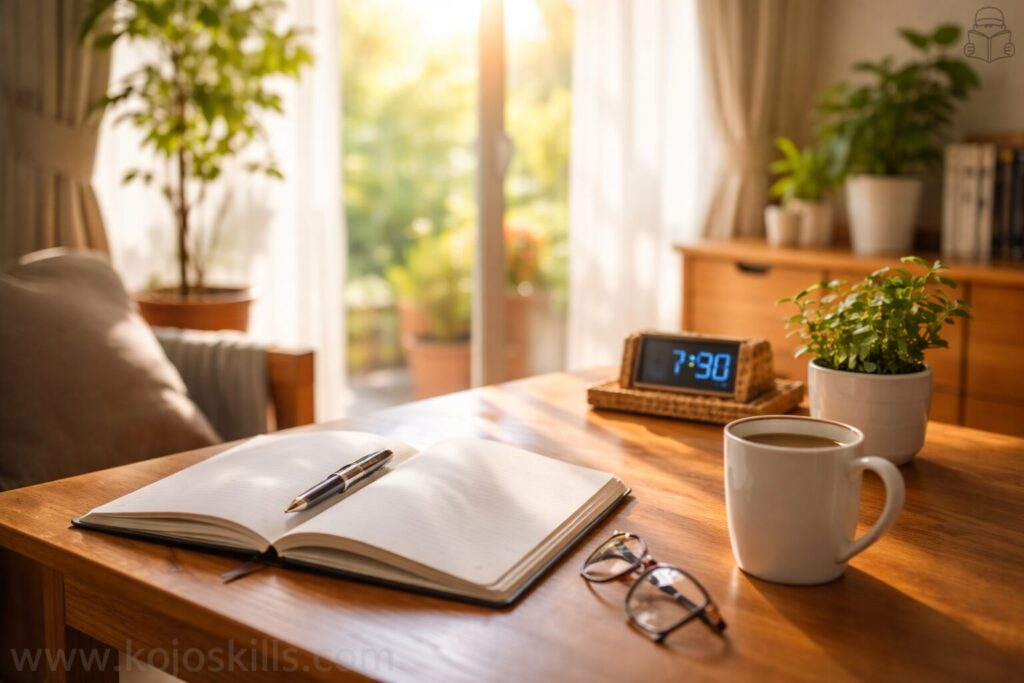 朝の光が差し込む部屋で、ノートとコーヒーが置かれた落ち着いた机の様子