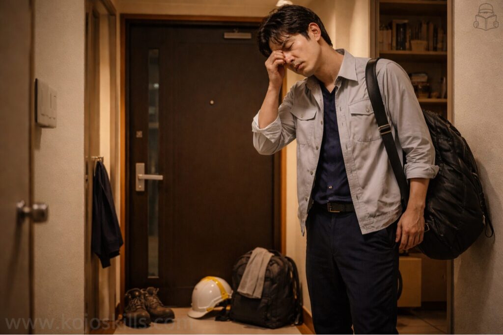 夜遅くに帰宅して疲れている男性の様子