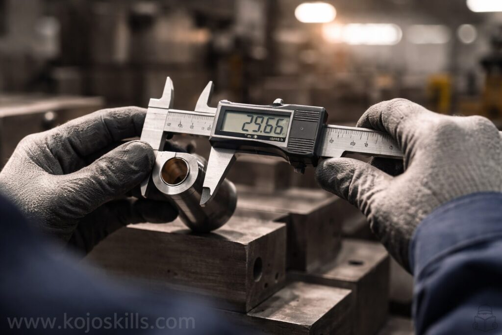 ノギスで金属部品の寸法を測定する品質管理担当者の手元