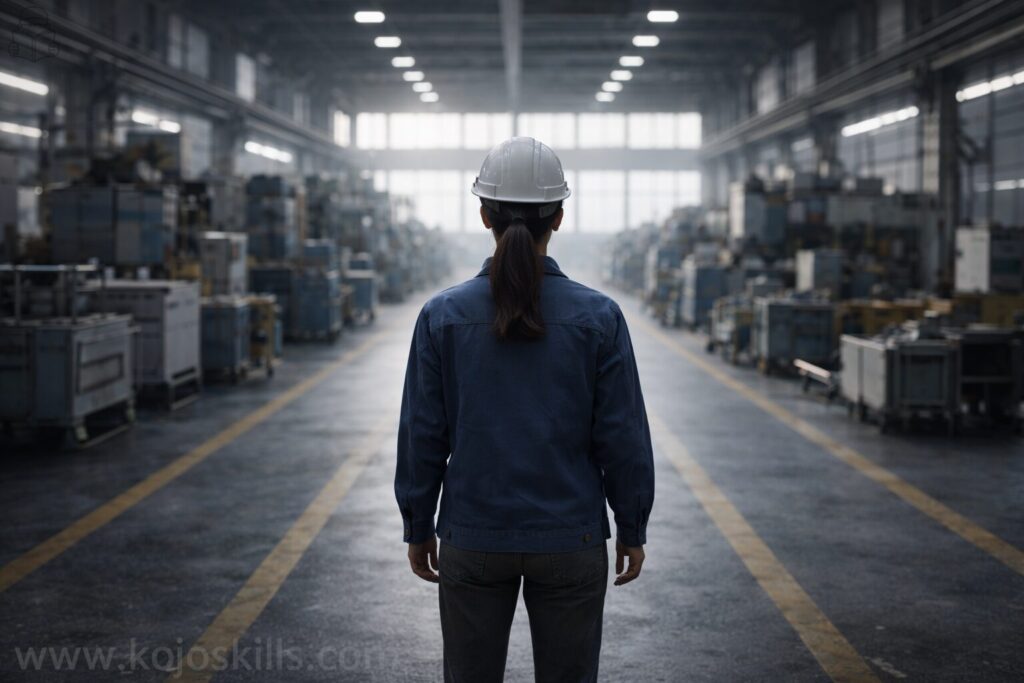 朝の光が差す工場通路で立つ品質管理担当者の後ろ姿