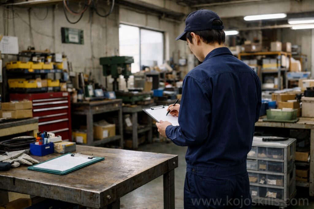 日本の製造業の工場内作業スペース。作業台と棚が並ぶ静かな現場風景。