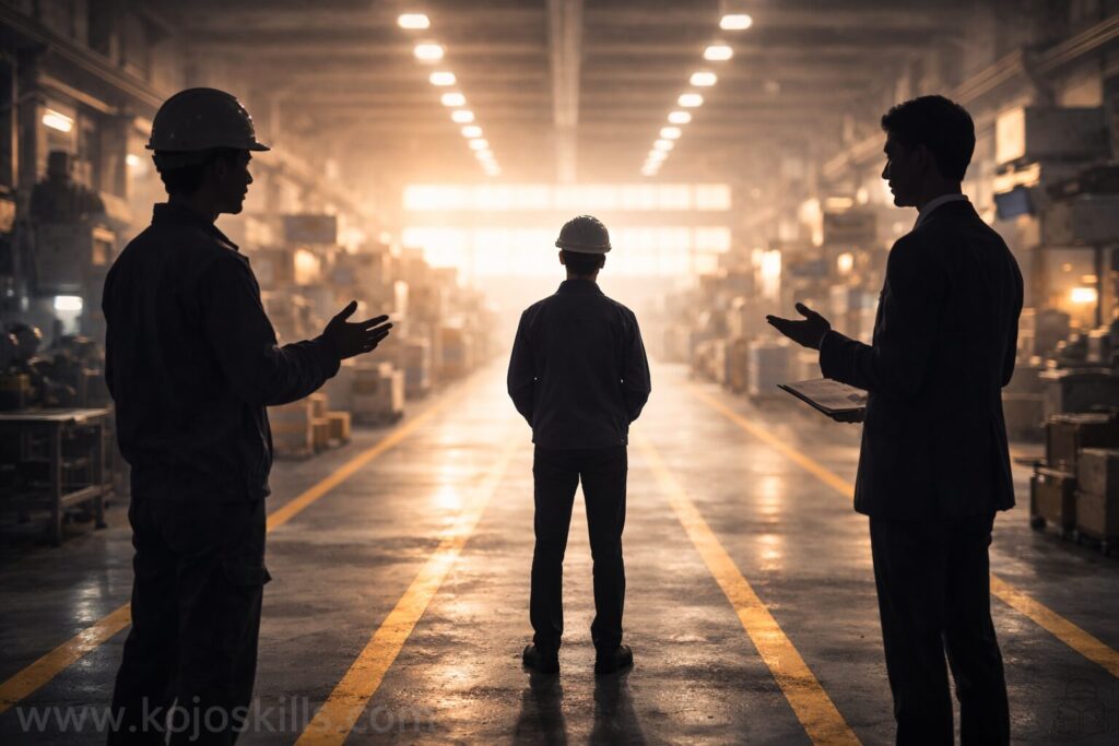 工場内で左右から意見を受ける品質担当者のシルエット（板挟みのイメージ）