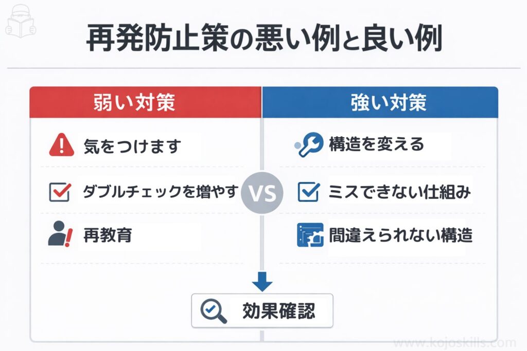 再発防止策の悪い例と良い例の比較（気をつけます・ダブルチェック vs 構造を変える・ミスできない仕組み）