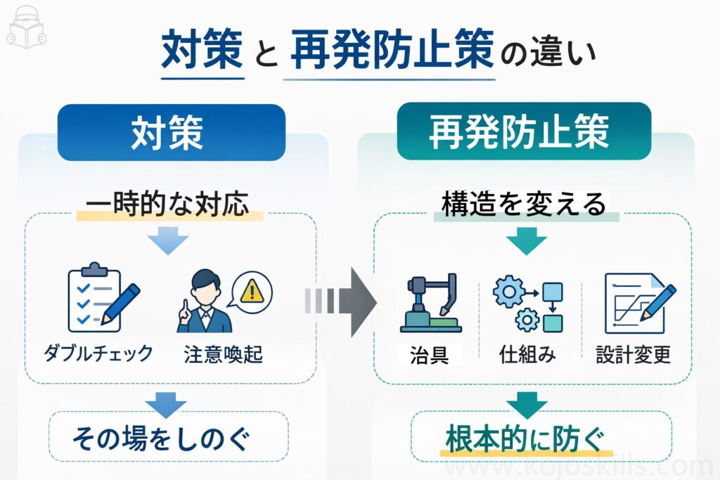 対策と再発防止策の違い（応急処置と構造改善の比較）