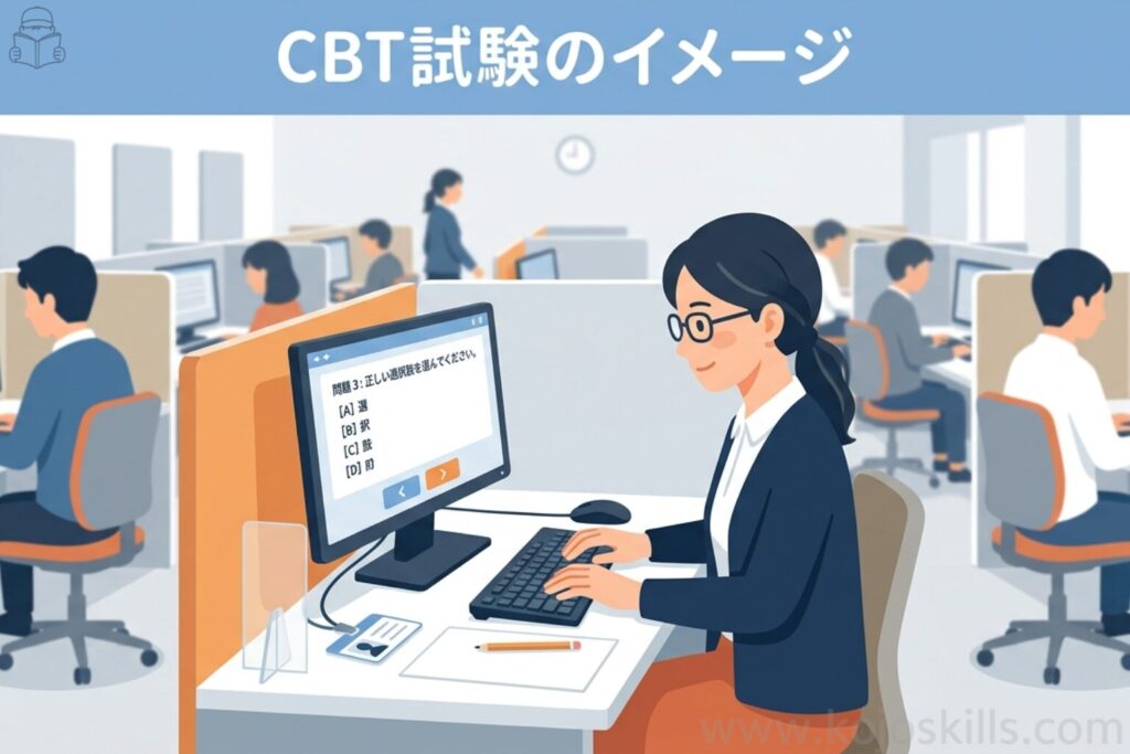 CBT試験の会場でパソコンを使って受験している様子