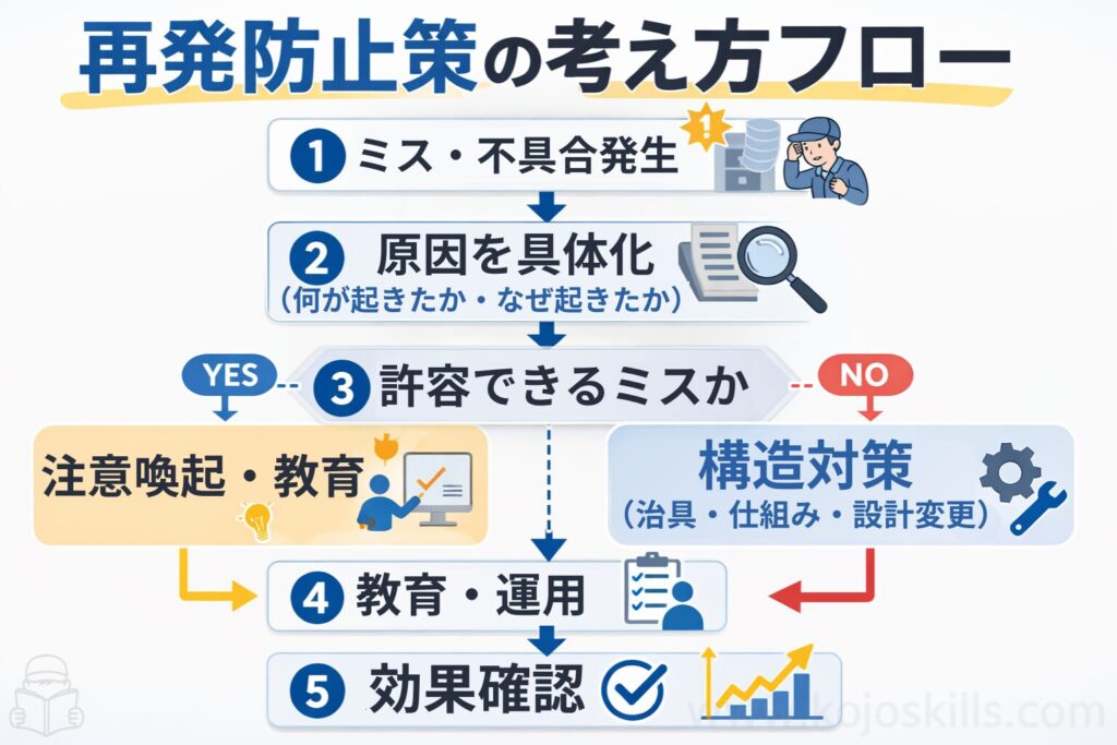 再発防止策の基本フロー（ミス発生→原因分析→許容判断→構造対策→教育運用→効果確認）