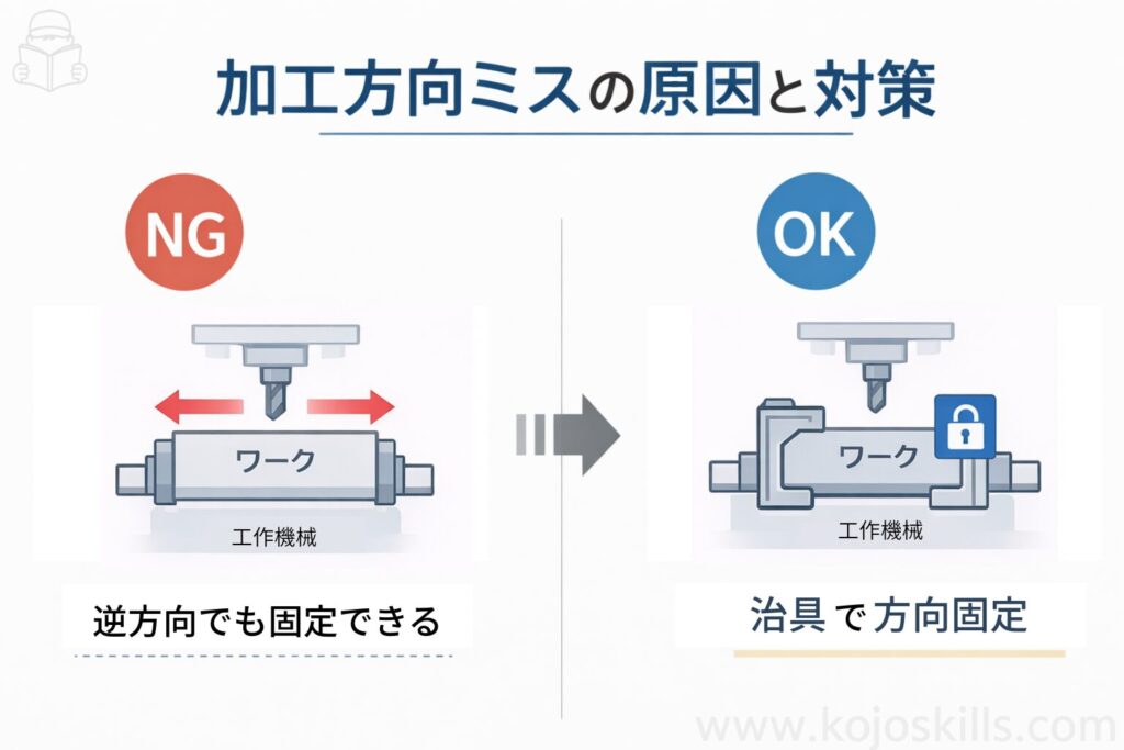 加工方向ミスの原因と対策（逆方向でも固定できる状態と治具で方向固定した状態の比較）