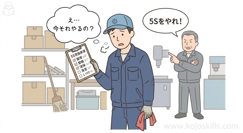 上司に5Sを指示されて困惑している作業員のイラスト