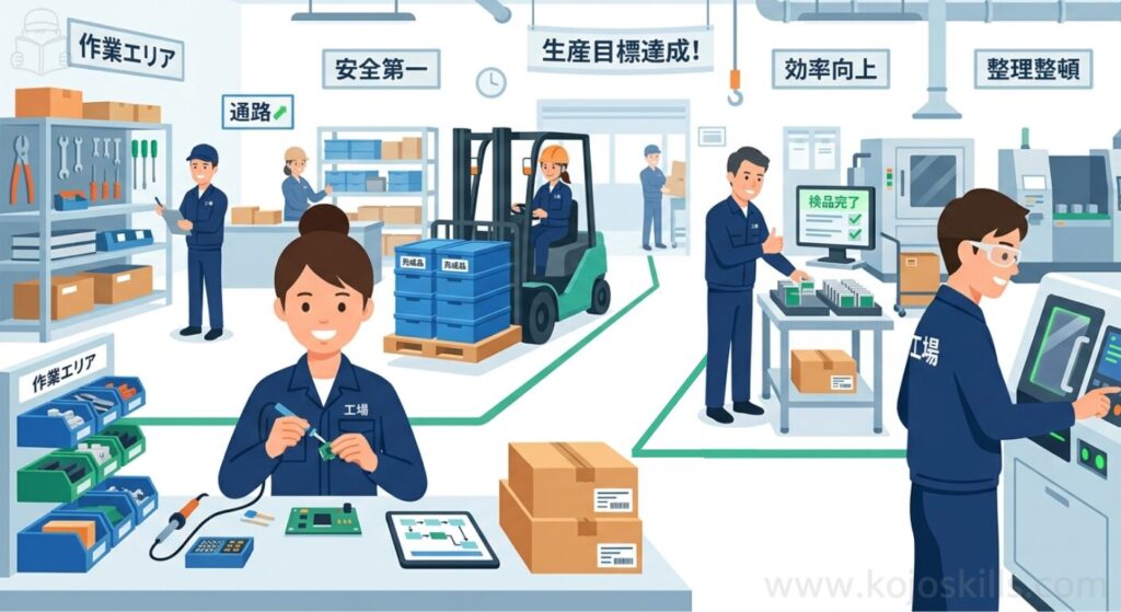 整理された工場で作業員が効率よく働いている様子